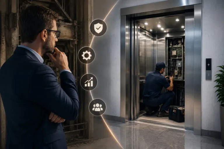 Técnico de elevadores avaliando componentes na casa de máquinas de um condomínio