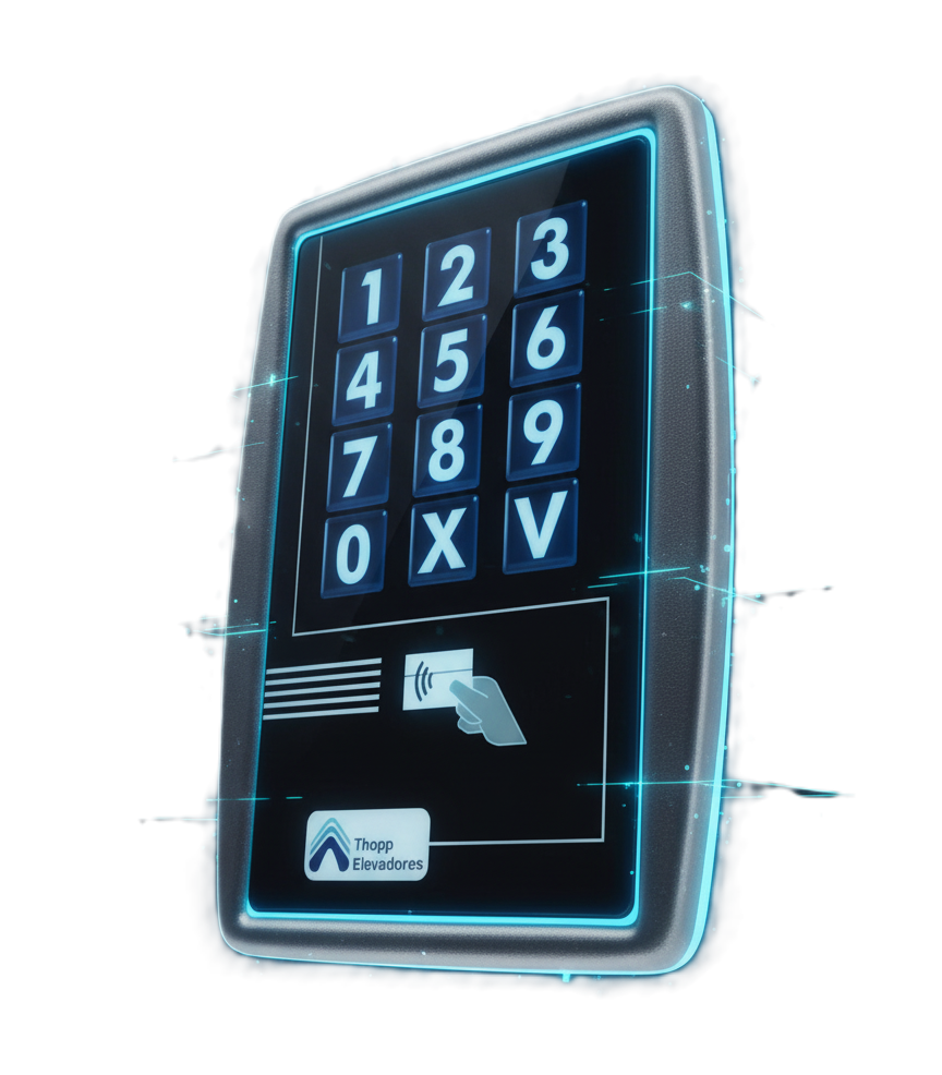 Equipamento Thopp Code em destaque: teclado numérico iluminado e área de leitura de tag de aproximação
